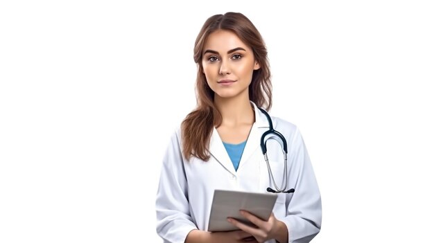 Фото Молодая женщина на изолированном белом фоне в докторском халате и со стетоскопом