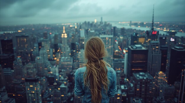 Photo young woman overlooking a bustling cityscape at dusk