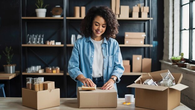 Photo young woman owener of small business packing product in boxes preparing it for delivery women packi