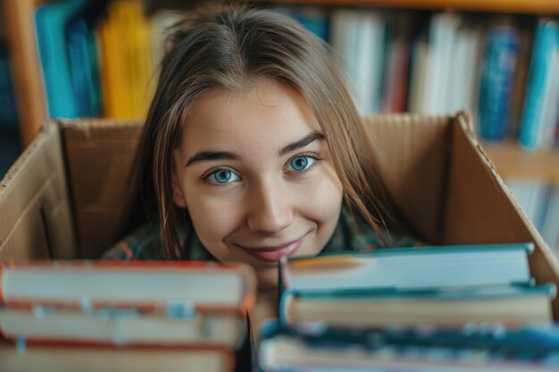 Young woman packing books smiling at camera