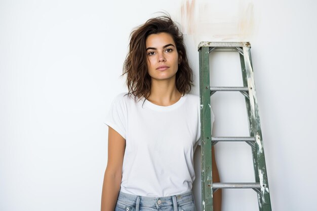 Photo young woman painter near ladder on white background