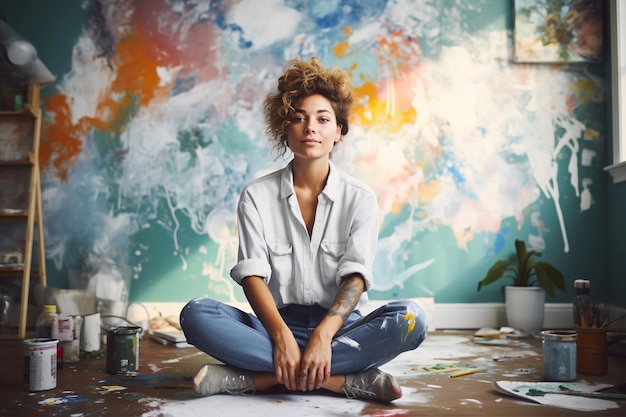 Photo young woman painting wall with paint roller while crouching at home