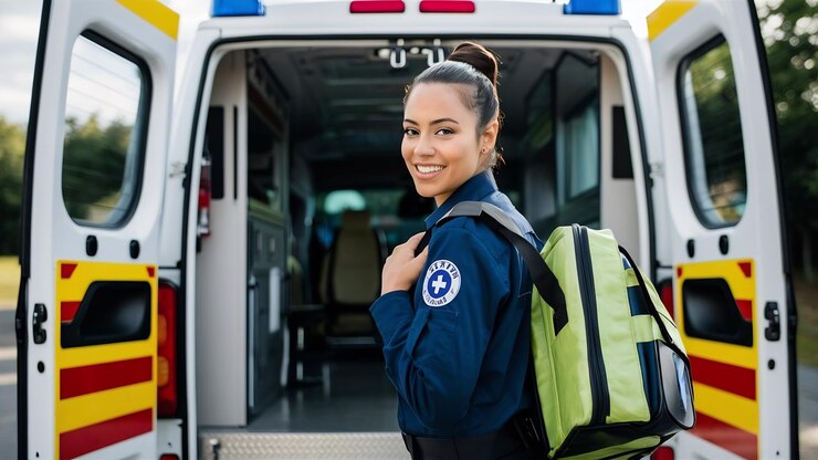 Photo young woman a paramedic standing at the rear of an ambulance by the open doors she is looking at th