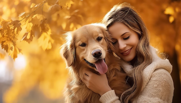 Young woman in park with her dog in autumn time