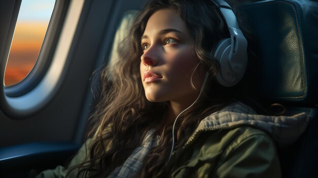 A young woman in the passenger seat peers out the window of the airplane generative ai