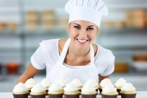 Young woman pastry chef in uniform appearance in kitchen in restaurant preparing cake and pastries