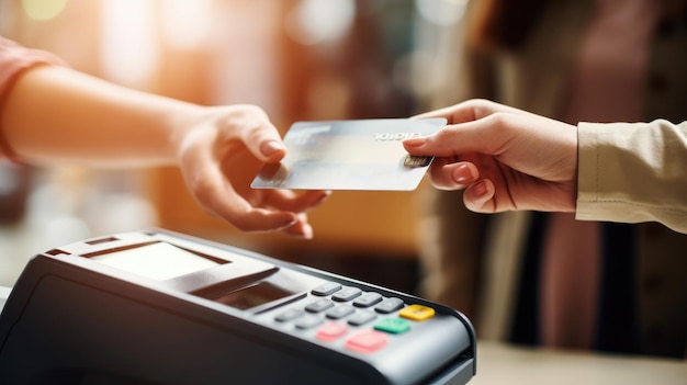 Photo a young woman pays for her purchases in a supermarket with a post terminal card cashless payment credit card