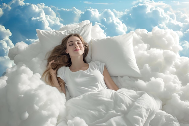 A young woman peacefully sleeps on a white soft pillow surrounded by fluffy clouds