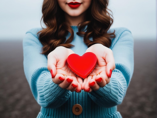 Photo a young woman person holds small red heart candy in her hands