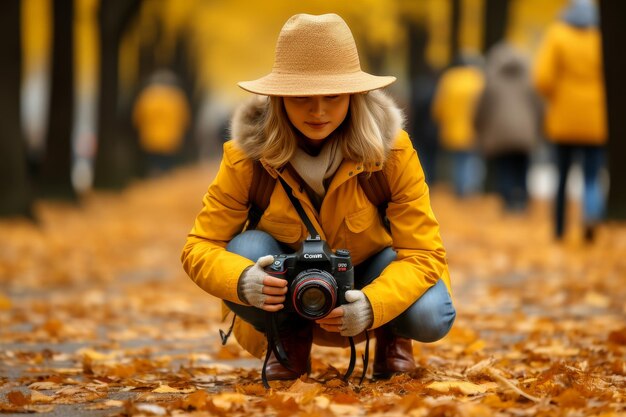 노란 잎 을 가진 가을 공원 에서 사진 을 찍는 젊은 여성 사진작가