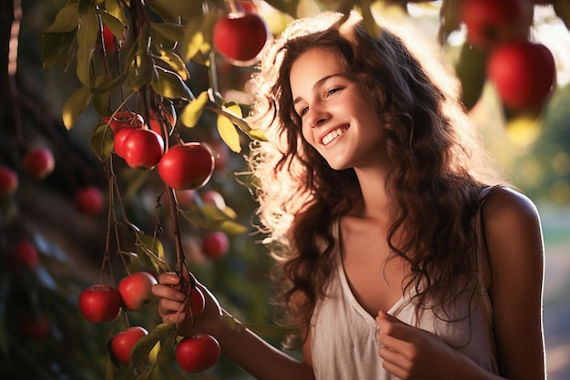 Young Woman picking apples in the garden Ai generated image