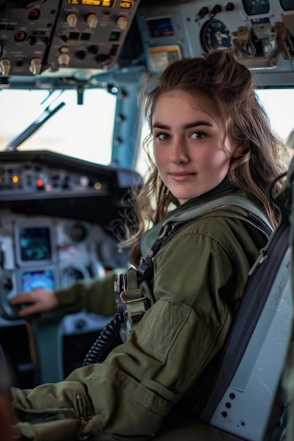 Photo young woman in a pilots uniform smiling in the cockpit of an aircraft