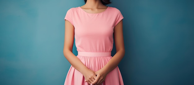 A young woman in a pink dress poses against a blue backdrop displaying a hand with space for text and placing the other hand on her waist