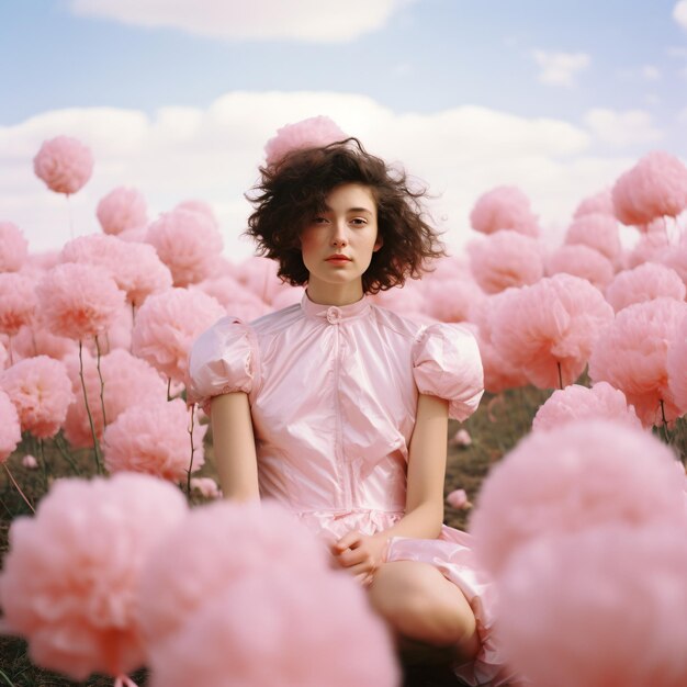 Young woman in a pink dress sits in a field of pink flowers