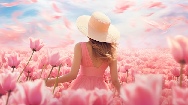 Молодая женщина в розовом платье и соломенной шляпе стоит