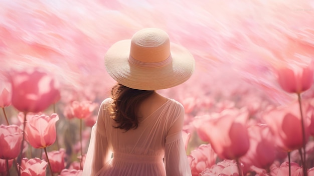 Young woman in pink dress and straw hat standing