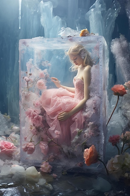 Young woman in a pink dress trapped in an ice cube