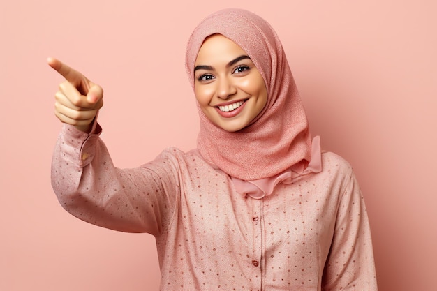 A young woman in a pink hijab points to the right