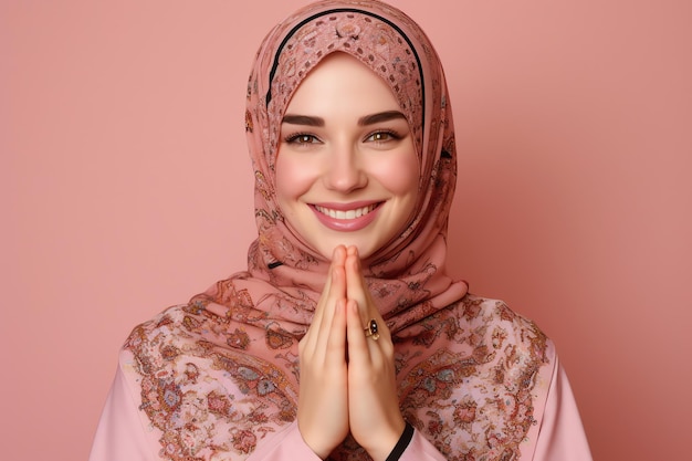 A young woman in a pink hijab with her hands together praying