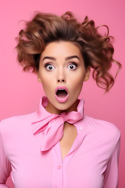 A young woman in pink shirt and tie making a surprised face