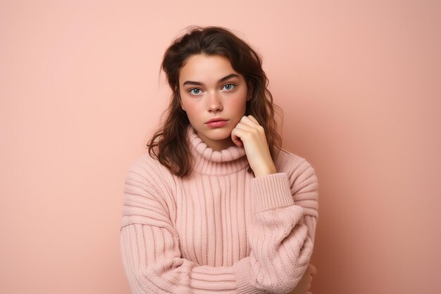 전면에 사랑이라는 단어가 있는 분홍색 스웨터를 입은 젊은 여성