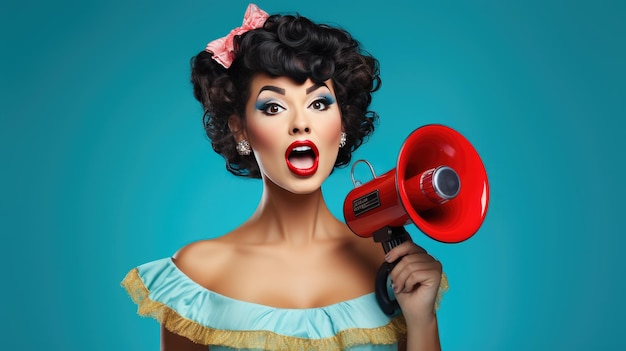 Young woman in pinup style holding megaphone isolated on blue background