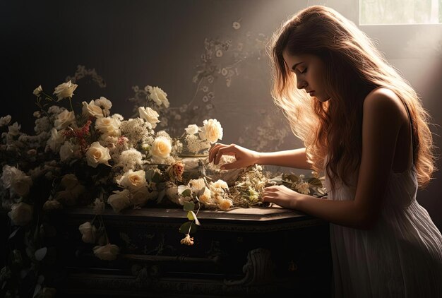 young woman placing flowers in casket in the style of emphasizes feelings over reality