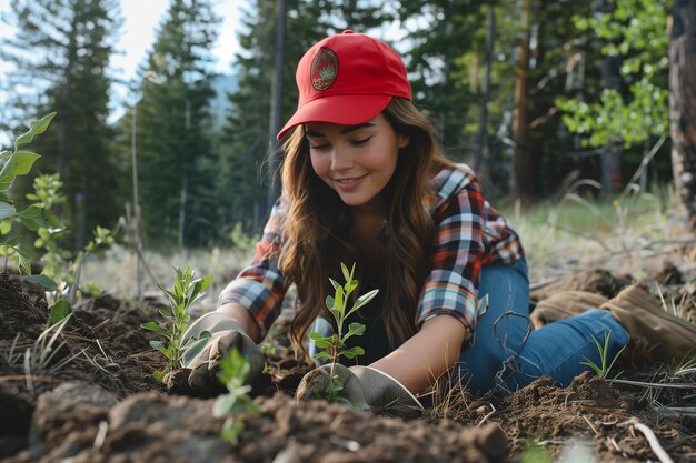 Young Woman Planting Seedlings in Reforestation Project