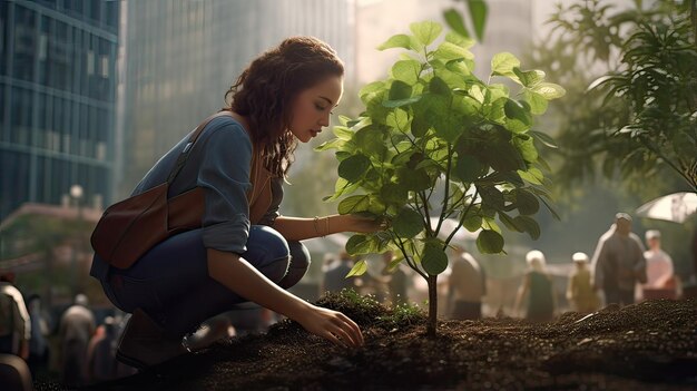 Photo young woman planting a tree in the middle of the city ecology concept