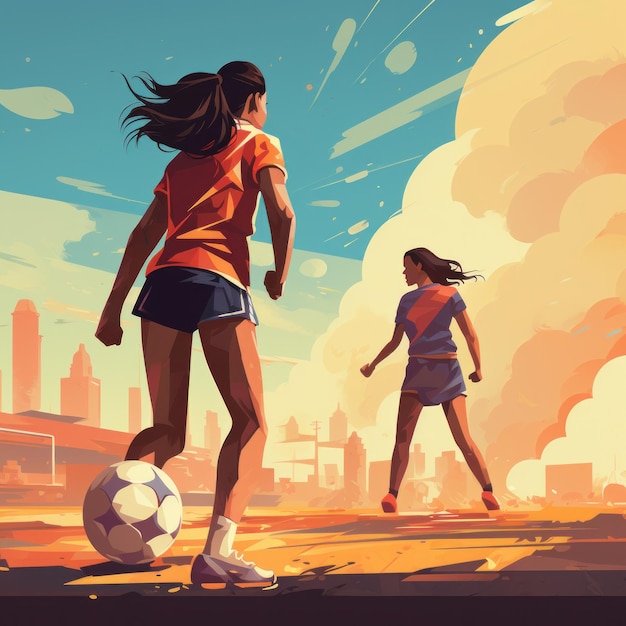 Молодая женщина играет в футбол, футбол или спорт, а девушка тренируется в команде или играет вместе на фи.