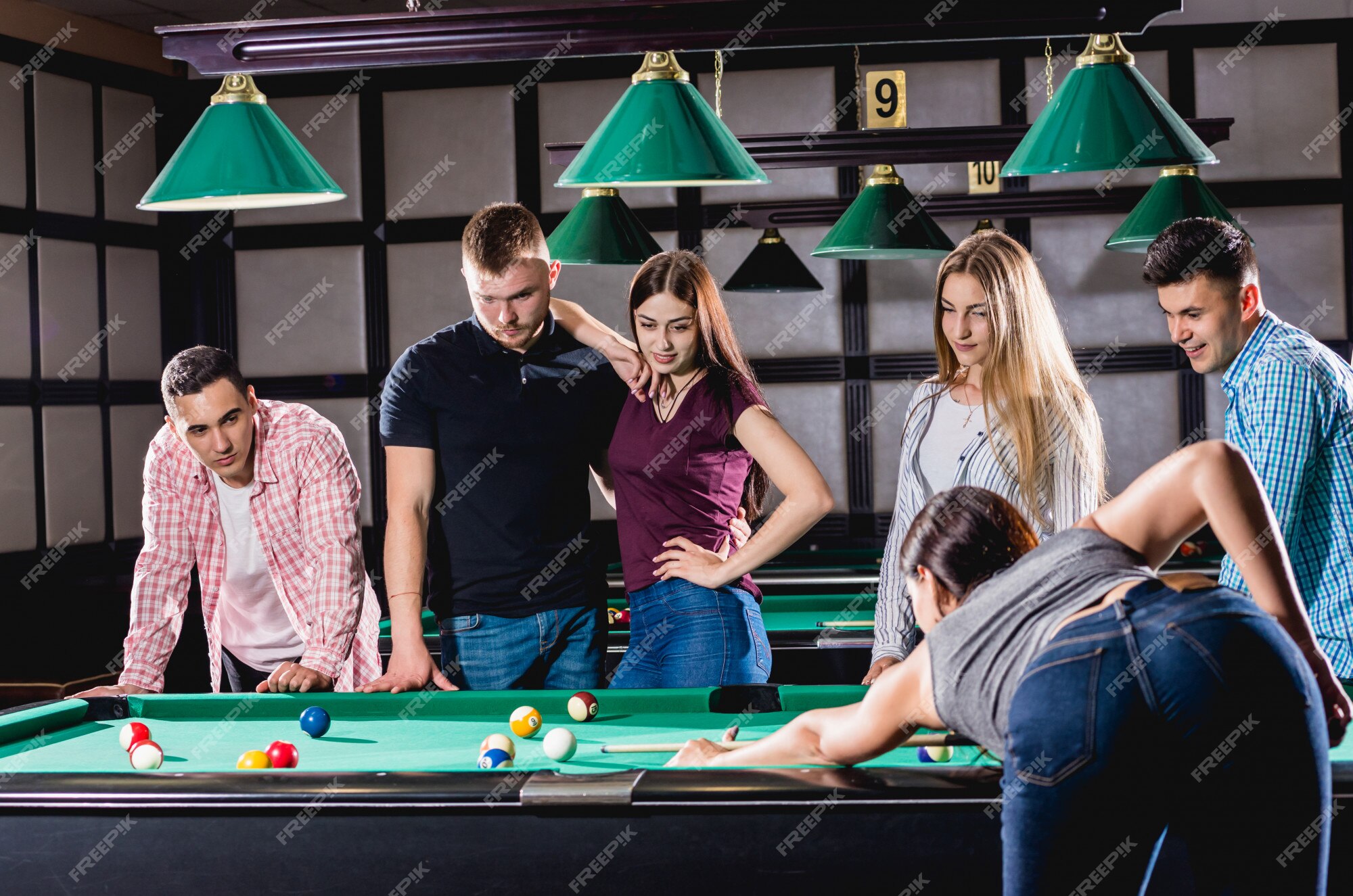 Group Young Cheerful Friends Playing Billiards Funny Time Work Stock Photo  by ©Romaset 316360520