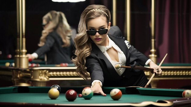 Young woman playing billiard