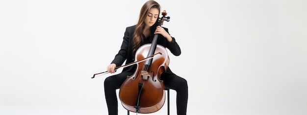 Young woman playing cello on white background