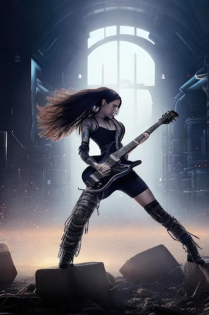 молодая женщина играет на электрической гитаре