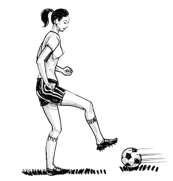 Photo young woman playing soccer. ink black and white drawing