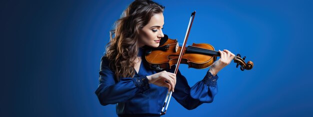 Young woman playing violin on blue background