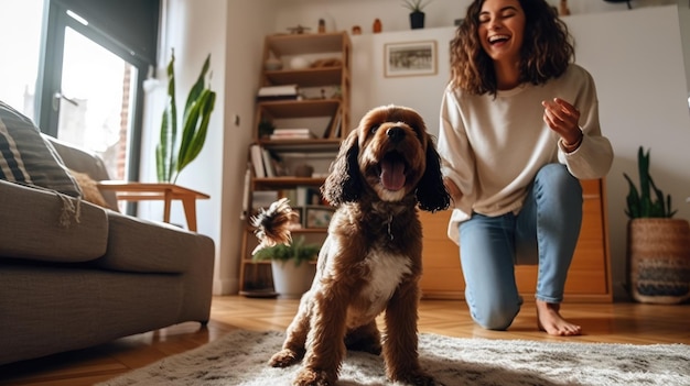 Young woman playing with her dog inside the house