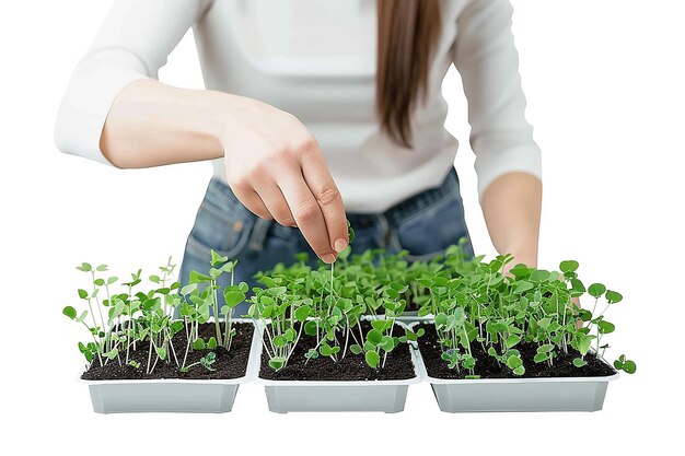 Photo young woman plucking seedlings white isolated background