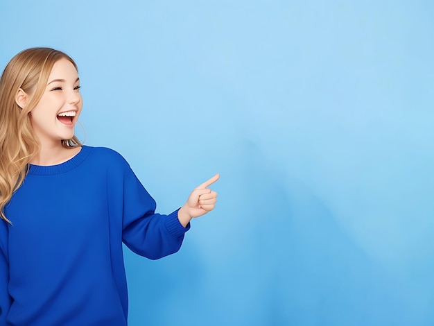 Young woman pointing finger to side adult girl isolated on blue background laughing