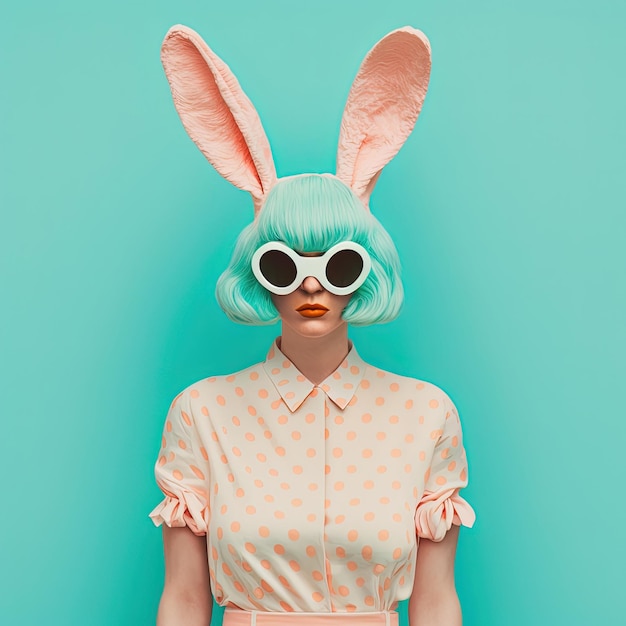 Young woman portrait in bunny ears and sunglasses Pastel colors Generative AI
