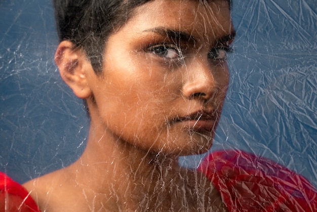 Young woman portrait behind plastic wrap