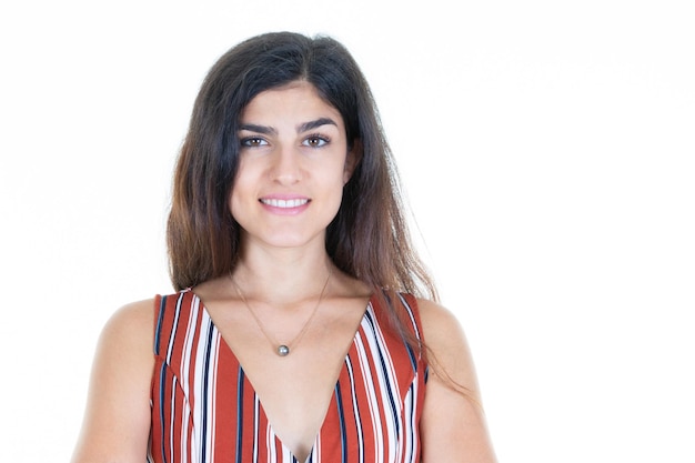 Young woman portrait smiling beauty face over white wall background