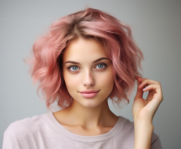 young woman poses for the camera in pink dress with pink hair