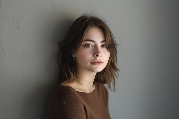 Young Woman Poses in Front of Gray Wall