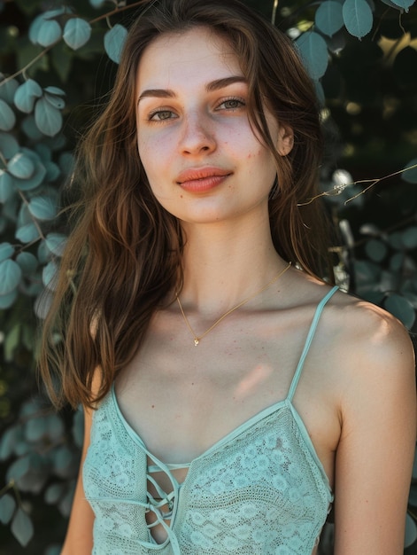 Young Woman Poses in Mint Lace Bralette