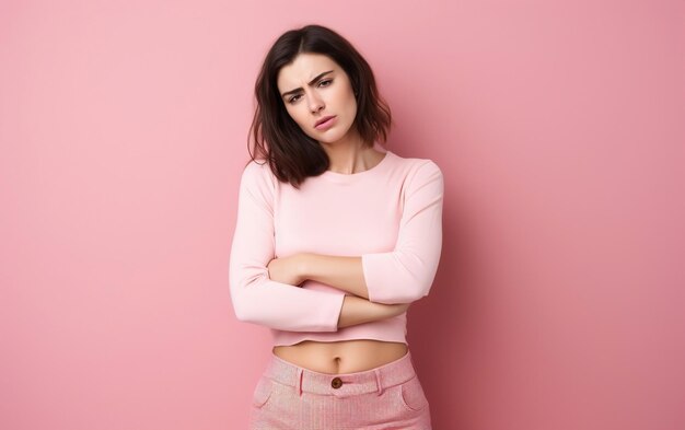 Young Woman Poses on Pink Background Generative AI