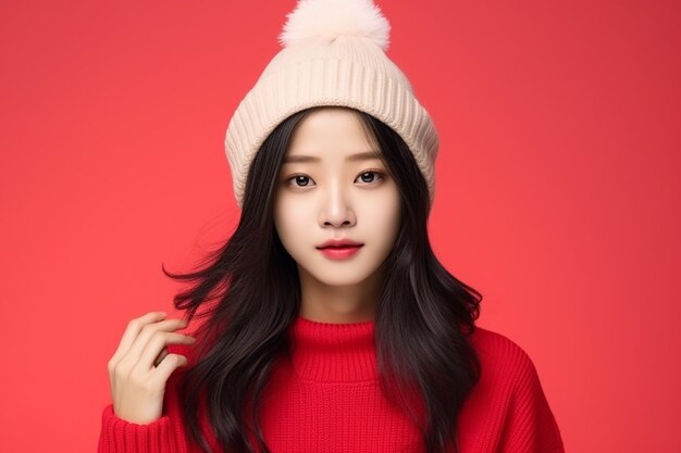 A young woman poses wearing trendy christmas clothes