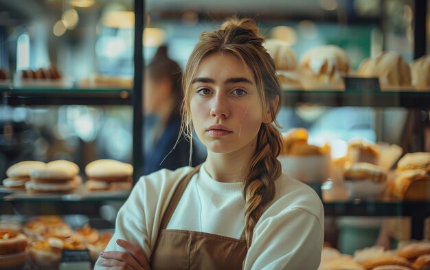 Foto giovane donna che posa graziosamente in una panetteria giovane donna adulta giovane signora al forno