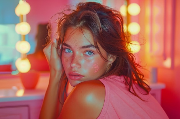 Young Woman Posing in Neon Lights Ambience Modern Beauty and Fashion Concept on Pink and Blue