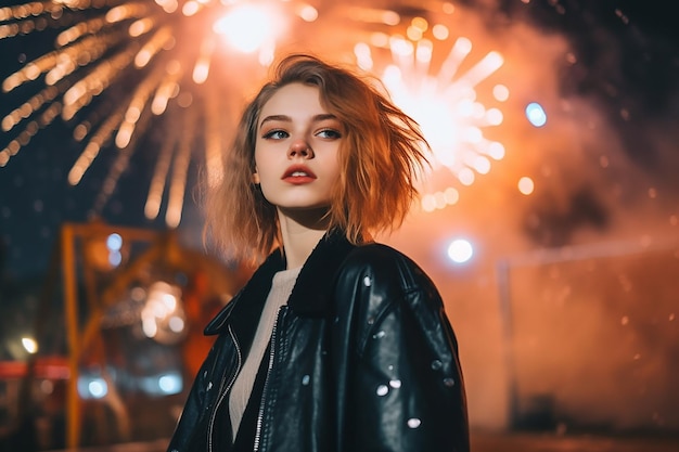 young woman posing at new year039s fireworks